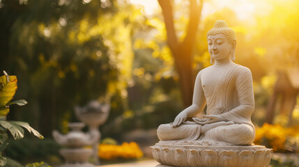 A statue of a Buddha is sitting on a pedestal in a park. The statue is surrounded by flowers and plants, creating a peaceful and serene atmosphere. The sun is shining brightly
