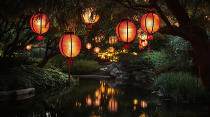 traditional Chinese lantern display in a garden