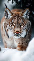 Fototapeta premium Majestic Lynx Roaming Winter Forest: Solitary Feline in Snow-Covered Wilderness, Captivating Wildlife Portrait, Wildcat Wintery Habitat