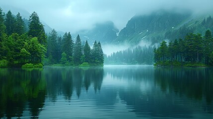 Fototapeta premium Misty lake surrounded by lush forests and mountains in early morning light