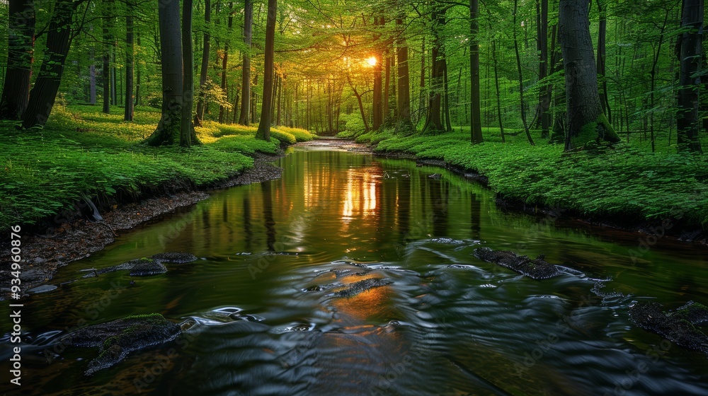 Poster sunlight filters through lush trees, illuminating a serene stream at dusk in a tranquil forest