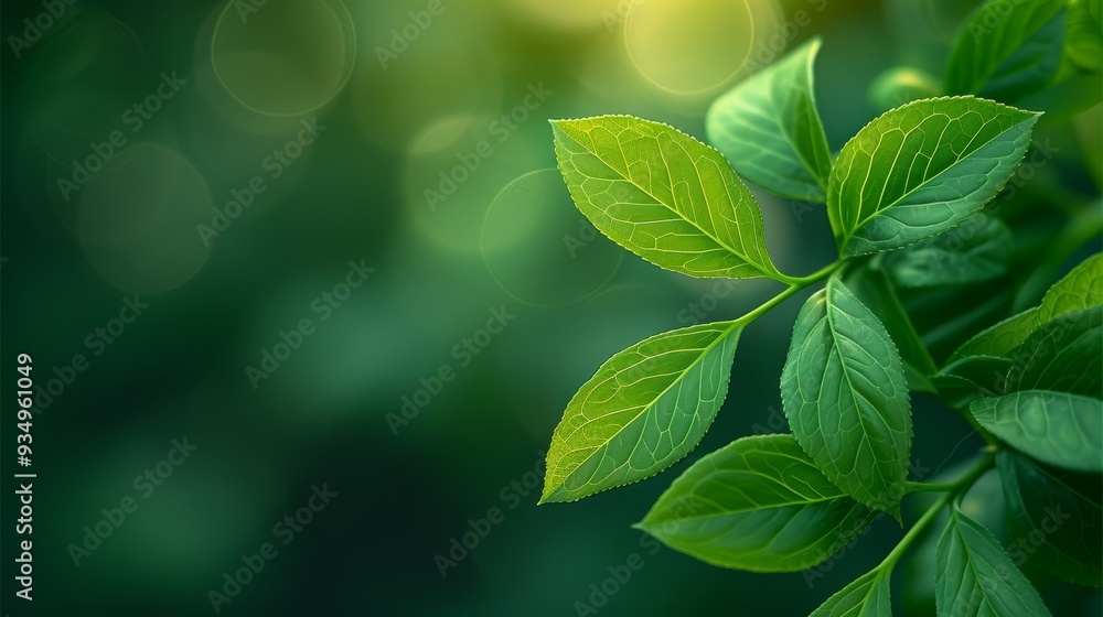 Poster close-up view of lush green leaves with soft sunlight filtering through greenery in a tranquil outdo
