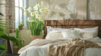 Stylish interior of bedroom with beautiful narcissus flowers on wall , ai