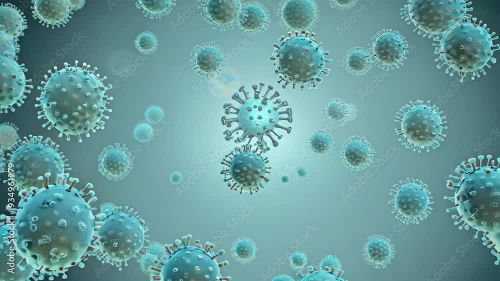 Poster a cluster of airborne viruses, illustrating their microscopic structure and behavior as they float i
