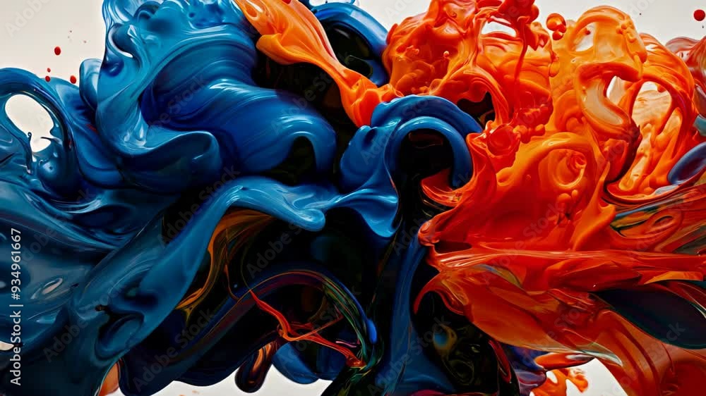 Poster vivid splashes of blue and orange paint collide in a fluid motion, creating an abstract blend of swi