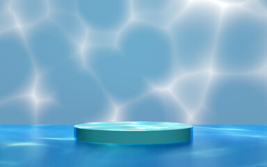 Underwater ocean with podium empty, reflect sunlight on surface. reflecting sparkling light on background. cosmetic display product stage concept, 3d illustration render