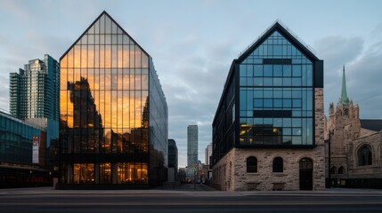 Contrast of Modern Glass Buildings and Ancient Stone Structures in Urban Landscape