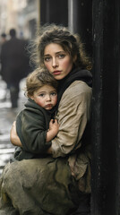 Young Woman with Child During the Great Depression, Poverty and Hardship on the Urban Streets, Emotional Struggle, Historical Poverty Imagery, Social Issues