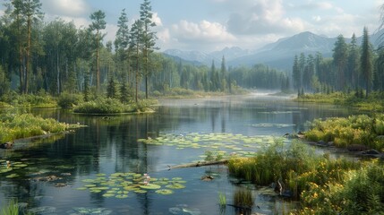 Tranquil morning at a serene lake surrounded by lush forests and distant mountains