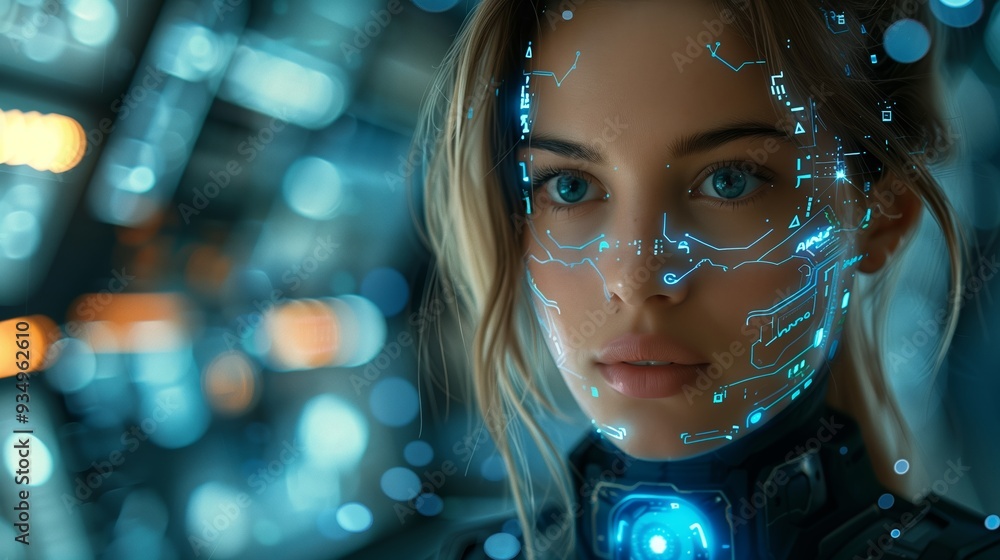 Poster futuristic female character with high-tech interface in sci-fi space setting
