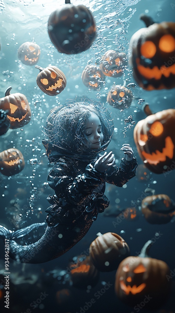 Poster a dark, mysterious underwater scene where a mermaid with sharp, ghostly features swims among floatin