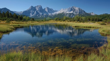 Fototapeta premium Scenic mountain landscape reflecting in a tranquil lake surrounded by lush greenery during a clear sunny day
