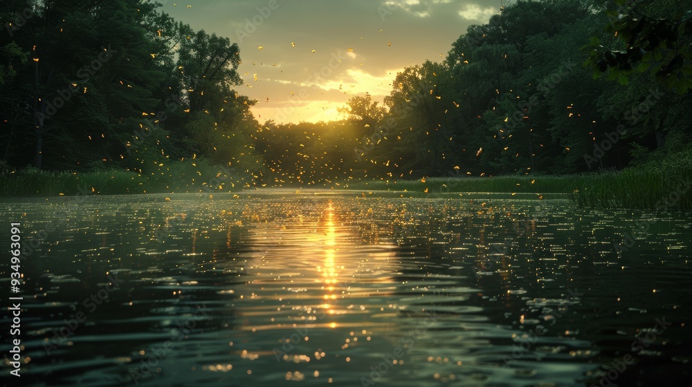 Poster sunset over a serene river with shimmering reflections and floating particles, captured in a tranqui