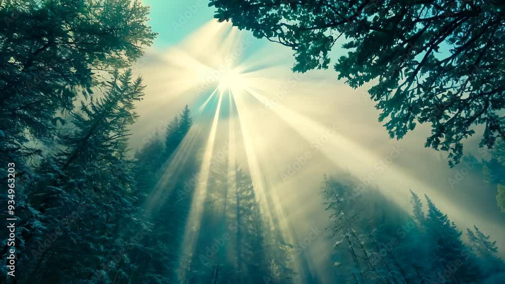 Poster sunlight filters gently through the trees in a serene forest, casting soft rays amidst the lingering