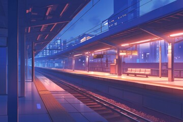 A calm metro platform with a single train passing by slowly. Cozy vibe, Generative AI