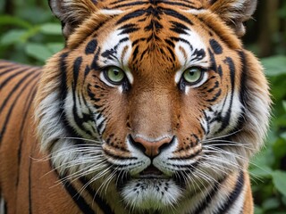 Naklejka premium A realistic, close-up shot of a tiger’s face, focusing on its intense