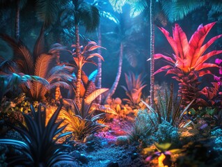 Naklejka premium Jungle with Palm Trees Lit Up at Night