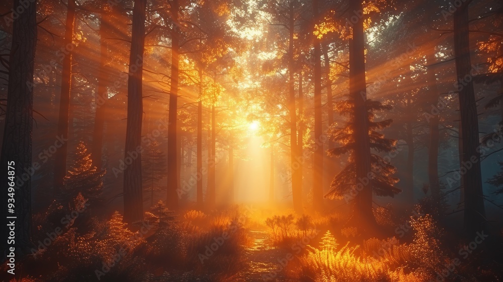 Poster sunlight filters through tall trees in a vibrant forest during golden hour, creating a warm and invi