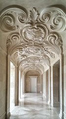 Fototapeta premium Intricate Baroque Marble Ceiling in Elegant Hallway with Ornate Non-Linear Reformation Design Showcasing Classic Architectural Beauty and Detailed Accents