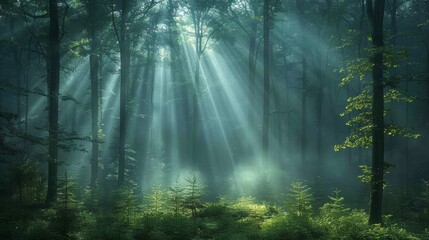 Obraz premium Sunlight filters through tall trees in a serene forest during early morning hours