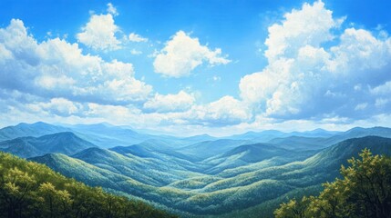 Fototapeta premium A Majestic View of Rolling Mountains Under a Blue Sky with Puffy Clouds