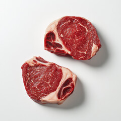 Obraz premium Two pieces of meat are displayed on a white background. The meat is red and he is fresh