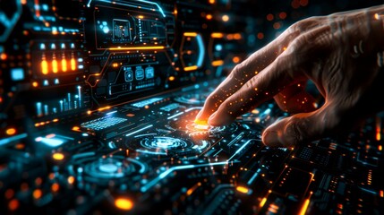Hand Interacting with Futuristic Technology Interface