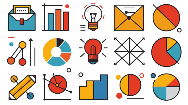 A set of geometric, abstract icons representing various business concepts, such as a handshake for partnership, a pie chart for analytics, a briefcase for work, and a light bulb for innovation.