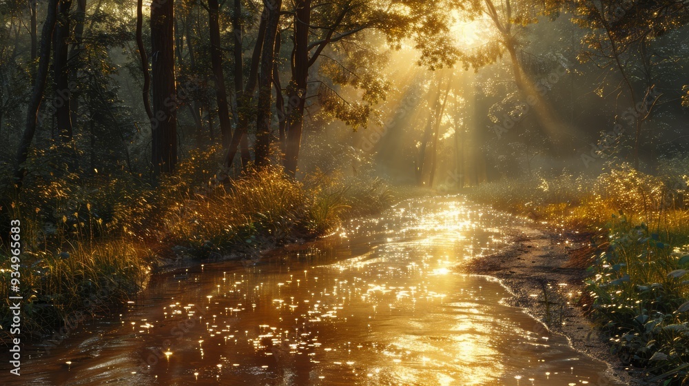 Poster sunlight filters through trees over a serene forest stream at dawn