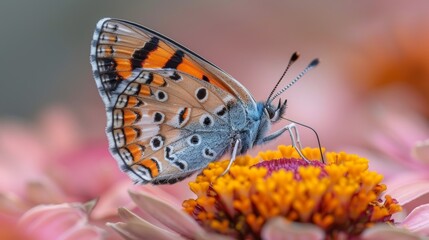 Naklejka premium Butterfly perched on a vibrant flower during a sunny day in a garden