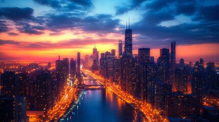 Obraz premium Breathtaking Urban Skyline at Dusk with Illuminated Skyscrapers and Vibrant City Lights Reflecting in Water, Capturing Dynamic and Captivating City Living, Perfect for Modern Cityscape Enthusiasts