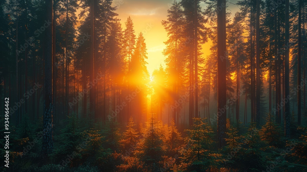 Poster sunset filtering through tall trees in a dense forest during twilight