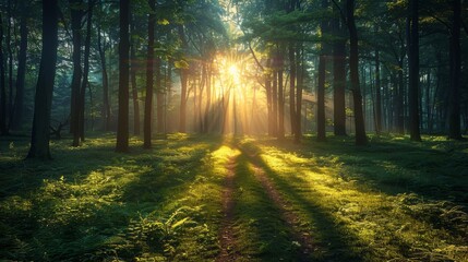 Fototapeta premium Sunlight filters through dense trees in a tranquil forest at sunrise