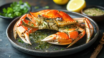 Close-up of a cooked crab on a dark plate with parsley and a lemon wedge.