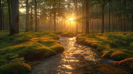 Fototapeta premium Sunrise over a tranquil stream in a lush forest during early morning hours
