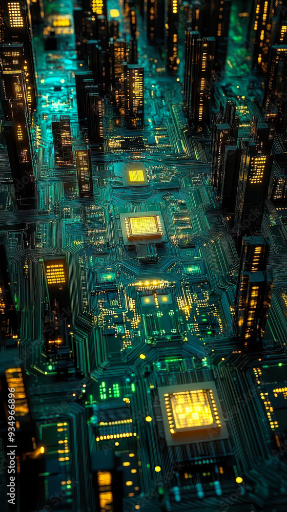 Aufkleber maze of circuit board pathways depicting complex data processing in futuristic cyber city, represent