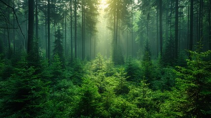 Obraz premium Sunlight streams through tall trees in a dense green forest during early morning hours