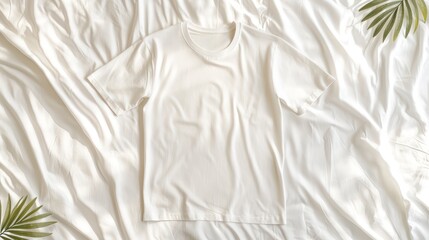 Minimalist Style - Blank Solid Color T-Shirt on Bed with Sunlight Through Window, generative Ai