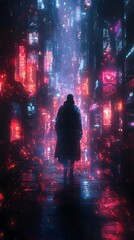 Lone Figure Navigating a Cyberpunk Inspired Dystopian Alleyway Bathed in Neon Glow and Holographic Surveillance