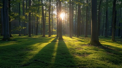 Obraz premium Sunlight filters through trees in a serene forest during early morning