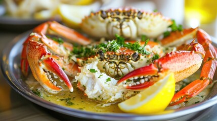 Close-up of a cooked crab with lemon wedges and parsley on a silver plate.