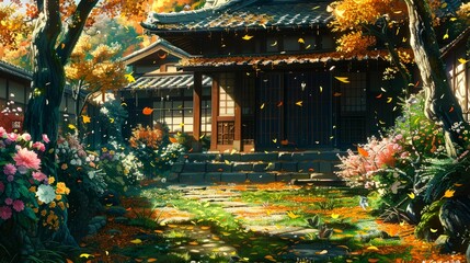 Japanese House with Falling Autumn Leaves and Flowers