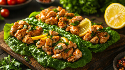 Healthy Turkey Lettuce Wraps with Fresh Herbs and Lemon Slices on Wooden Board for Nutritious Meal Ideas and Low Carb Recipes