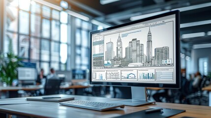 City skyline displayed on a computer monitor in a modern office during the day with people working in the background