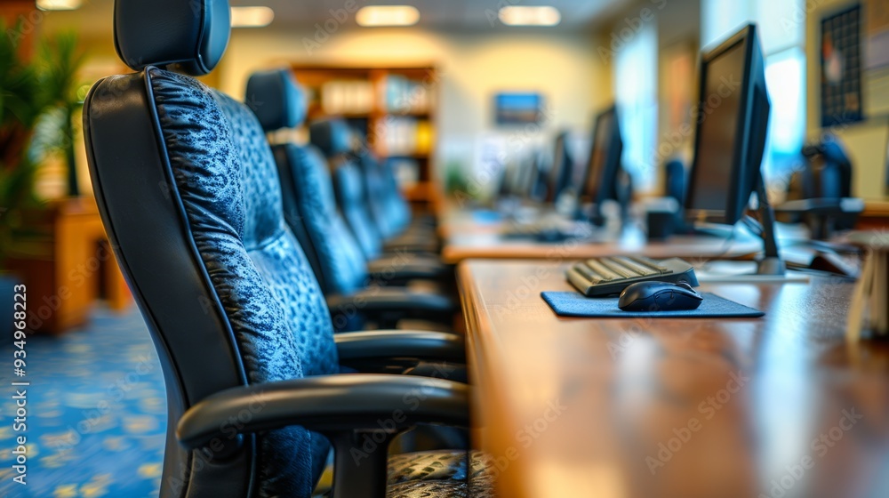 Poster rows of ergonomic chairs and computers in a modern office workspace during the day