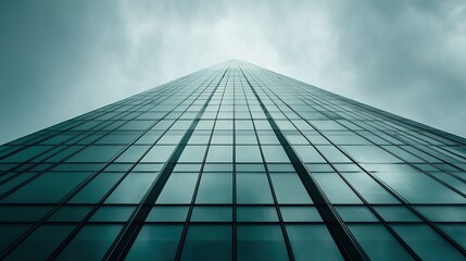 Fototapeta premium Skyscraper's Ascent: A low angle view of a towering skyscraper piercing a dramatic cloudscape