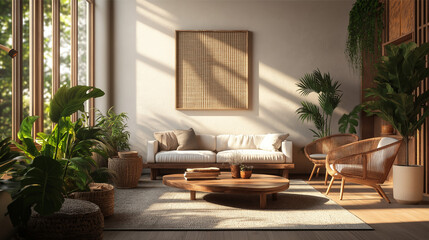 Photorealistic Cozy Living Room Featuring Warm Lighting and Natural Materials
