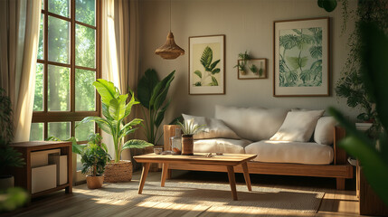 Photorealistic Cozy Living Room Featuring Warm Lighting and Natural Materials