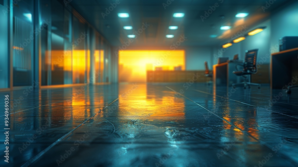 Poster evening light reflecting on wet office floor with empty workstations and soft glow in the background
