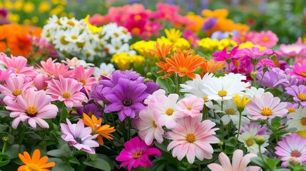 Multi-colored flower bed with an array of vibrant blossoms, captivating and cheerful, flower bed, vibrant display